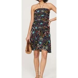 Maria Cher Floral Ruched Strapless/Halter‎ Dress 100% Silk Size Small